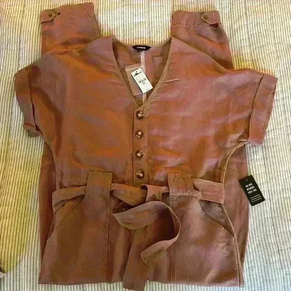 Express Button Front Utility Jumpsuit Belted With Short Sleeves - Picture 1 of 8